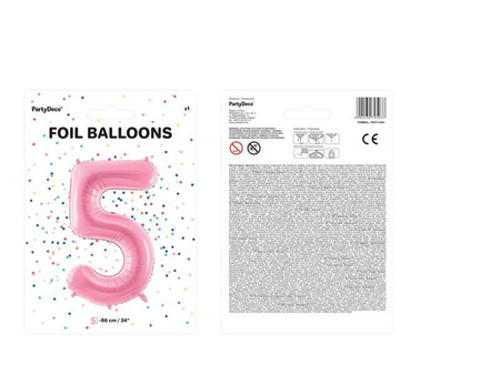 Balon foliowy Cyfra ''5'', 86cm, różowy Party Deco