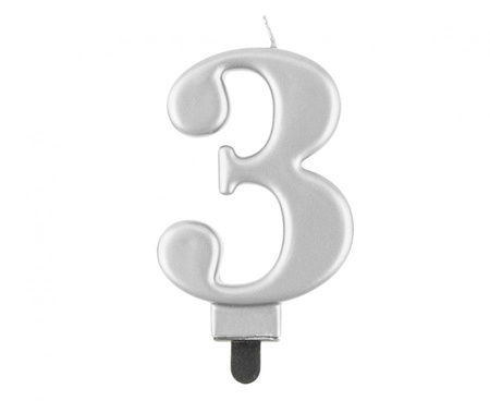 #SC8 Świeczka B&C cyferka 3, metalik srebrna, 9 cm