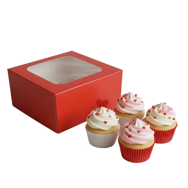 Czerwone pudełko z okienkiem na 4 muffinki – zapakowane wypieki