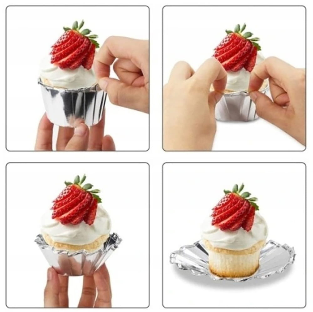 Srebrne papilotki do babeczek widok z góry i z boku