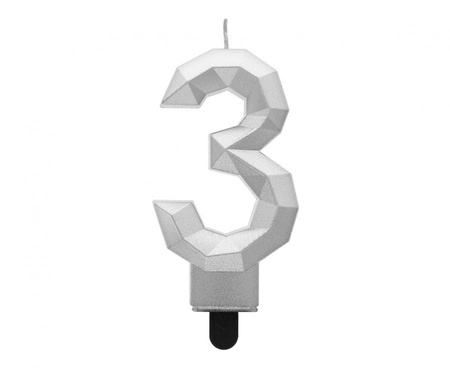 #SC17 Świeczka cyferka 3 - Diament, metalik srebrny, 7.6 cm