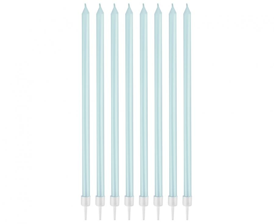 Świeczki perłowe jasnoniebieskie 15,5 x 0,44 cm, 8 sztuk na tort