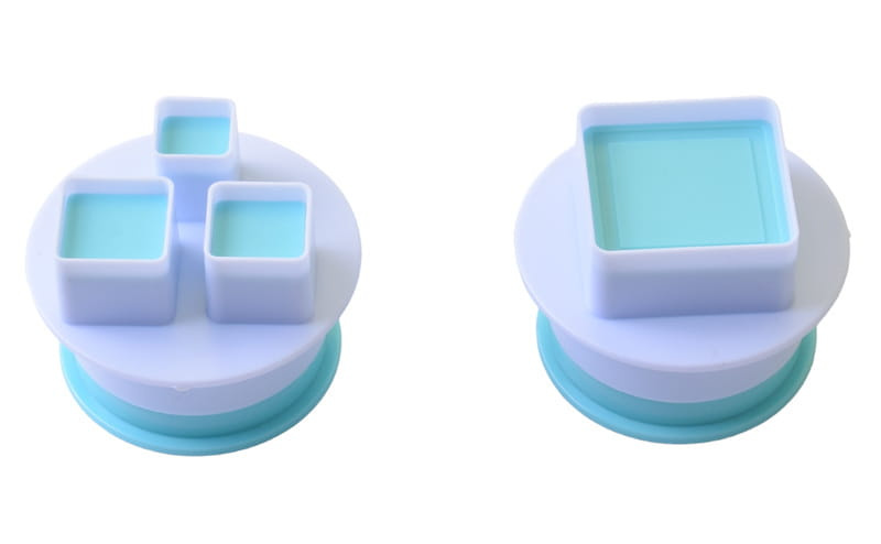 Zestaw foremek wykrawaczek z tłoczkiem kwadraty - widok ogólny zestawu