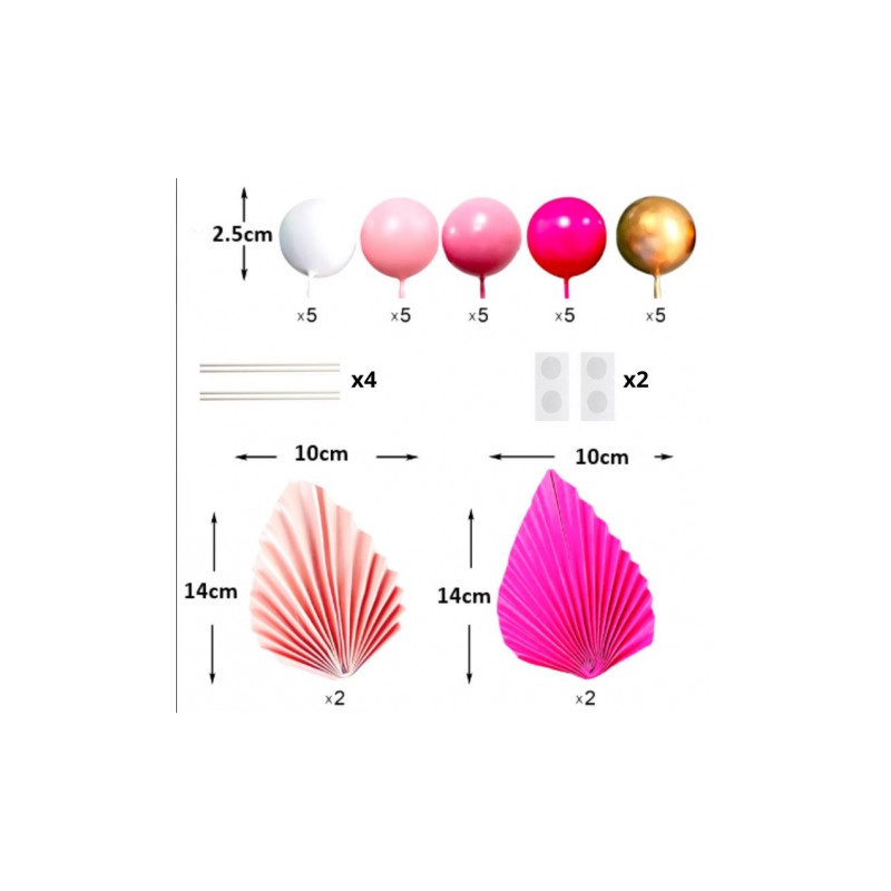 Toppery na tort w kolorach złotym i różowym - kule oraz wachlarze palmy