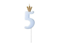Świeczka urodzinowa Cyferka 5, jasny niebieski 9.5cm Party Deco