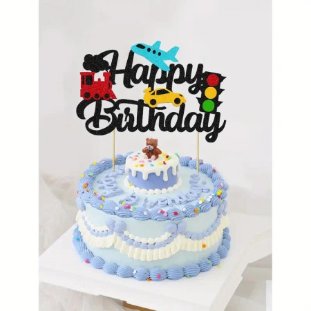 Papierowy topper na tort Happy Birthday PODRÓŻ SAMOLOT AUTO POCIĄG SYGNALIZATOR