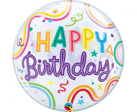 #BFK Balon foliowy 22" QL Bubble Poj. "Happy Birthday - Swiggle Lines & Stars" KK