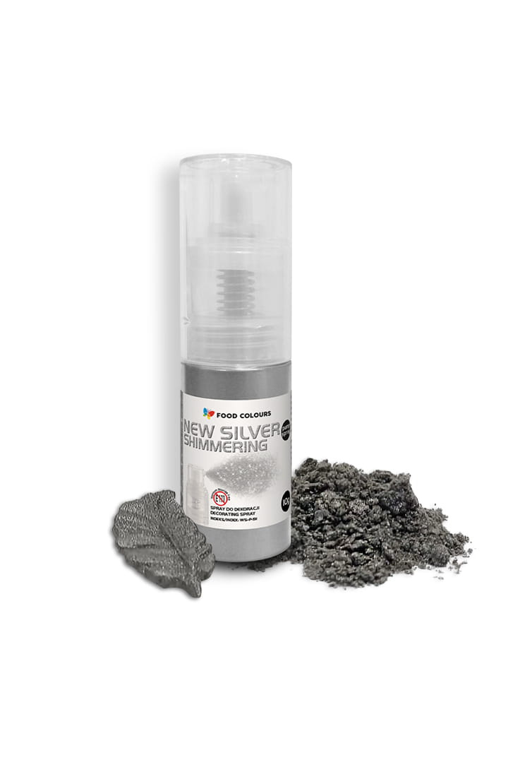 Barwnik w sprayu do dekoracji srebrny bez E171 z pompką 10 g Food Colours – opakowanie produktu