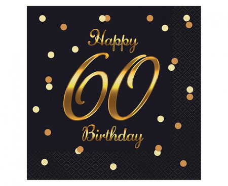 #ZSE_GD Serwetki B&C Happy 60 Birthday, czarne, nadruk złoty, certyfikat FSC, 33x33 cm/ 20 szt.