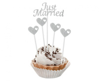 #DEI Pikery papierowe W&C Just Married, srebrne brokatowe, 5 szt.