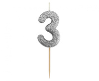 #SC3 Świeczka piker B&C cyferka 3, czarna, NOWY BIO BROKAT, 11x3.5 cm