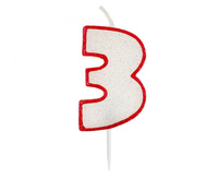 #SC25 Świeczka cyferka z brokatem, czerwony kontur "3", 6 cm KK