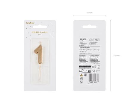 Świeczka urodzinowa Cyferka 1, 4.5 cm, złoty Party Deco