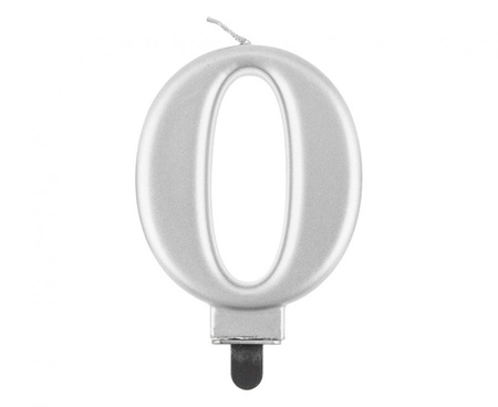 #SC8 Świeczka B&C cyferka 0, metalik srebrna, 9 cm