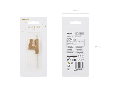 Świeczka urodzinowa Cyferka 4, 4.5 cm, złoty Party Deco