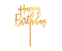 #DETO Dekoracja akrylowa B&C na tort Happy Birthday, złota, 14x10 cm