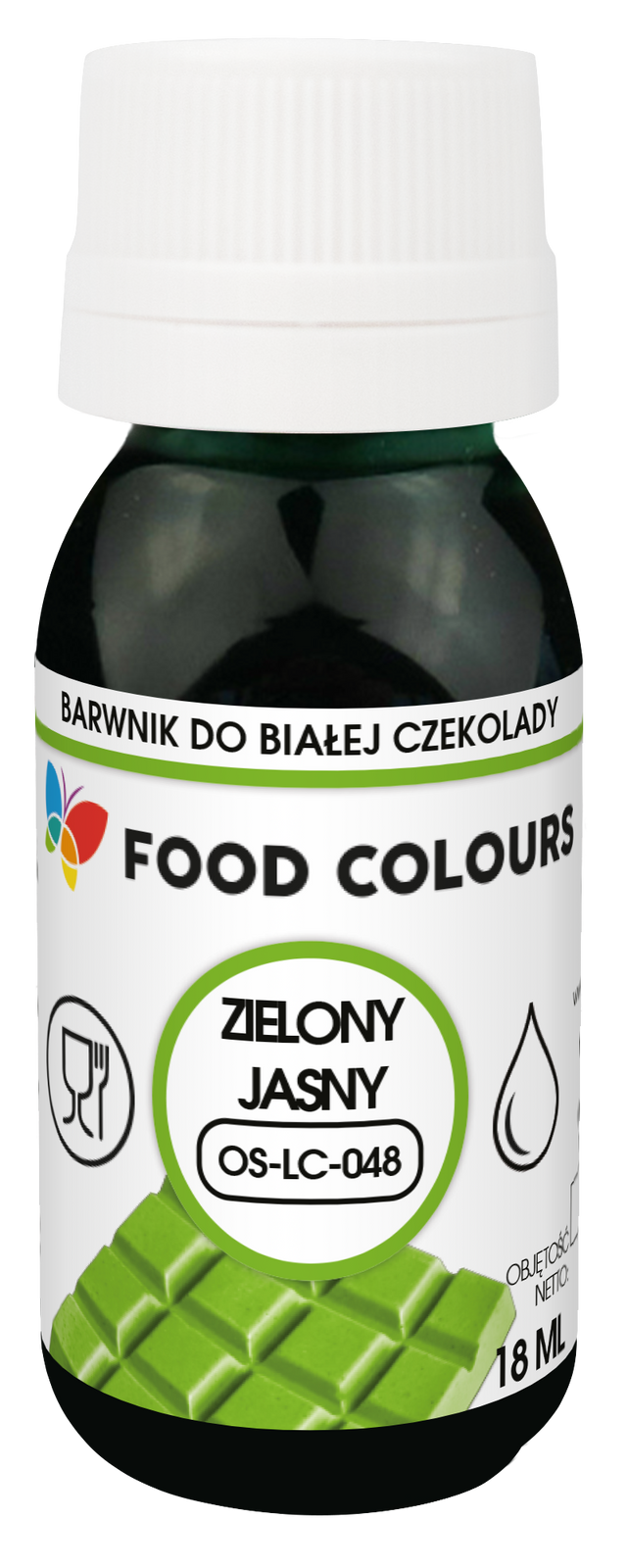Barwnik do czekolady i mas tłustych jasny zielony 18 ml Food Colours - przykład barwienia czekolady