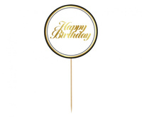 #DETO Dekoracja pap. na tort B&G Party - Happy Birthday, biała (czarny kontur) 10 cm