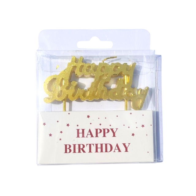 Złota świeczka urodzinowa HAPPY BIRTHDAY z kolcami do tortu