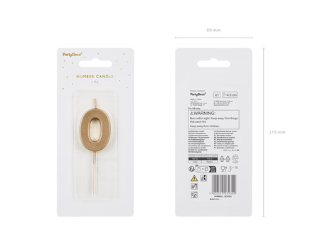 Świeczka urodzinowa Cyferka 0, 4.5 cm, złoty Party Deco