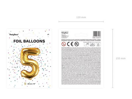 Balon foliowy Cyfra ''5'', 35cm, złoty Party Deco