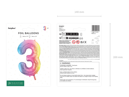 Balon foliowy Cyfra ''3'', 86cm, pastelowy tęczowy