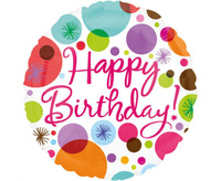#BFK Balon foliowy 18" CIR Happy Birthday - kolorowe grochy, zapakowany