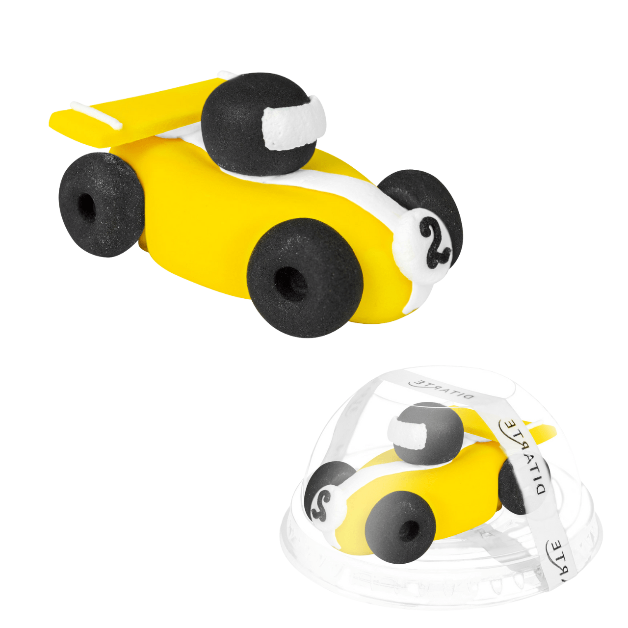 Żółty samochód z masy cukrowej Ditarte na tort urodzinowy widok z boku