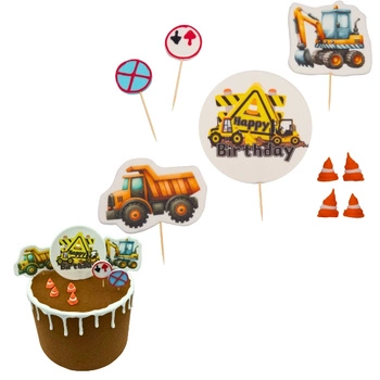 Zestaw figurek cukrowych na tort Samochody budowlane 2D