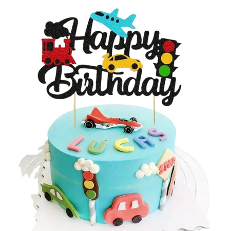 Papierowy topper na tort Happy Birthday PODRÓŻ SAMOLOT AUTO POCIĄG SYGNALIZATOR