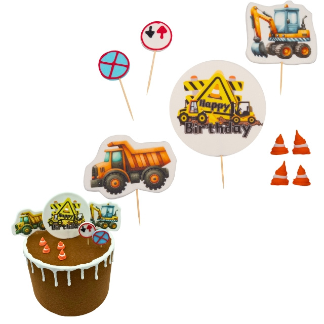 Zestaw figurek cukrowych na tort Samochody budowlane 2D - widok całego kompletu topperów