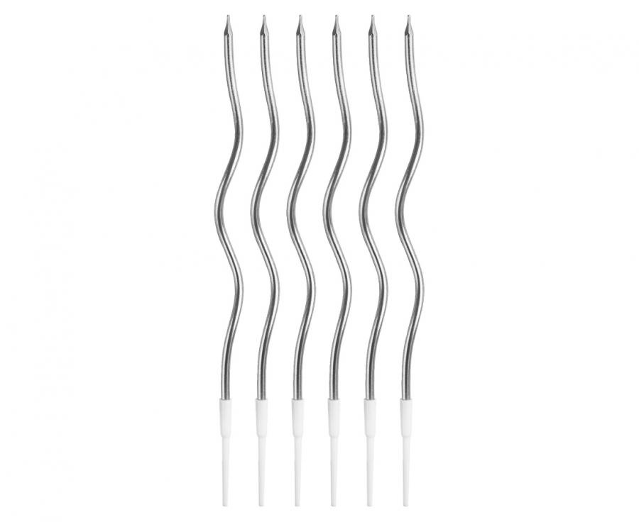 Świeczki B&C Świderki, metaliczne srebrne, 16 cm, 6 szt. na tort urodzinowy