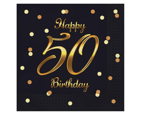#ZSE_GD Serwetki B&C Happy 50 Birthday, czarne, nadruk złoty, certyfikat FSC, 33x33 cm/ 20 szt.