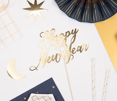 Topper na tort Happy New Year, złoty, 24cm Party Deco