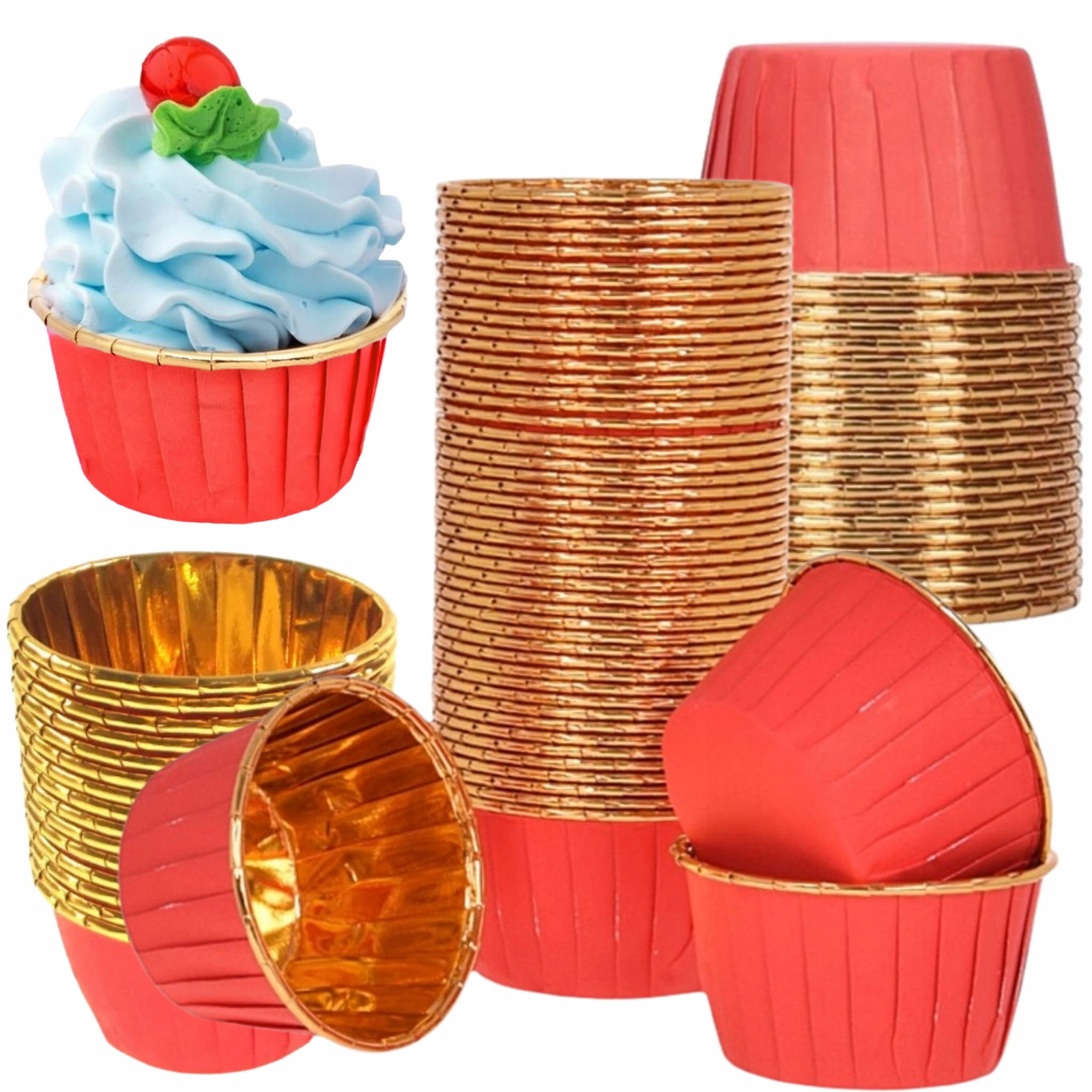Papilotki kubeczki do muffin czerwono-złote, widok ogólny opakowania