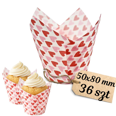 Muffiny tulipan BIAŁO CZERWONE SERDUSZKA 50x80 mm 36 szt. 