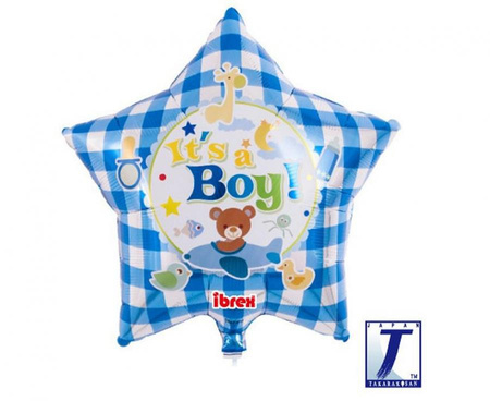 #BFK Balon Ibrex Hel, gwiazda 15", It’s A Boy Bear Gingham Blue, packed