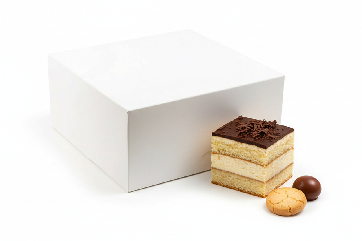 Białe pudełko cukiernicze na ciasto 30x30x12,5 cm w rozłożonej formie