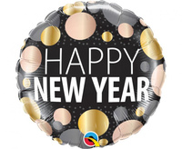 #BFK Balon foliowy 18" QL RND "Happy New Year" (metaliczne kropki) KK