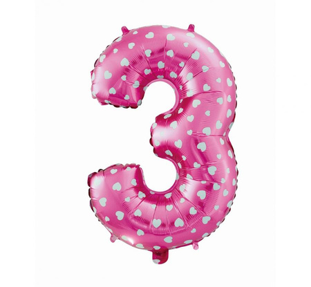 #BFC Balon foliowy "Cyfra 3", różowa w serca, 61 cm KK