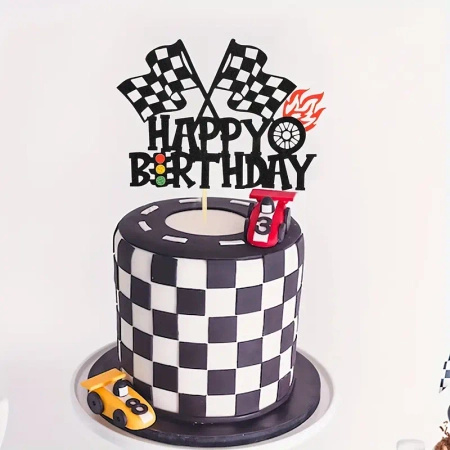 Topper na tort HAPPY BIRTHDAY SAMOCHÓD WYŚCIGOWY FLAGI WYŚCIGU