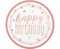 #ZTA Talerzyki papierowe Glitz Happy Birthday, 23 cm, różowo-złote, 8 szt.