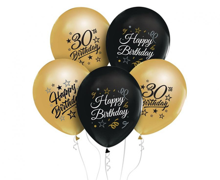 #BL Balony Beauty&Charm 12 cali z nadrukiem 30, złote i czarne, 5 szt.