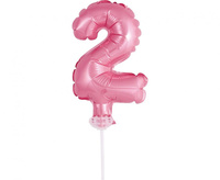 #BFC1 Balon foliowy 13 cm na patyczku "Cyfra 2", różowa KK