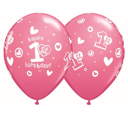 #BL Balon QL 11" z nadr. "1st Happy Birthday", pastel różowy / 25 szt. KK