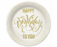 #ZTA Talerzyki papierowe Happy Birthday Dotted Gold, 18 cm, 8 szt.