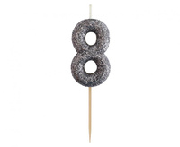 #SC3 Świeczka piker B&C cyferka 8, czarna, NOWY BIO BROKAT, 11x3.5 cm (stare)