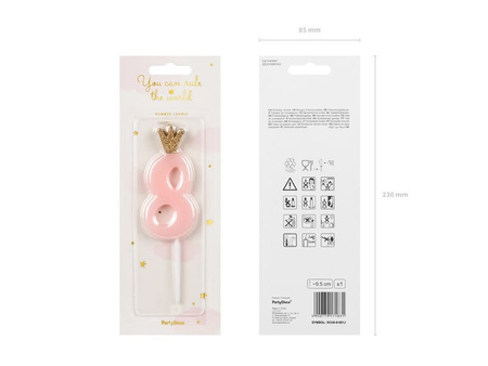 Świeczka urodzinowa Cyferka 8, jasny różowy, 9.5cm Party Deco