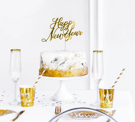 Topper na tort Happy New Year, złoty, 24cm Party Deco