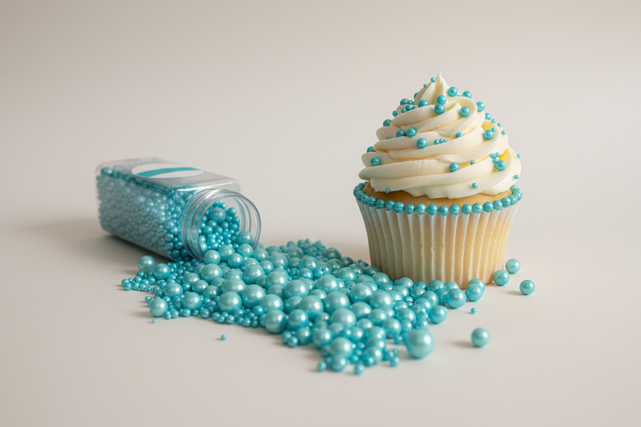 Posypka BLUE BUBBLES na tle niebieskich dekoracji cukierniczych